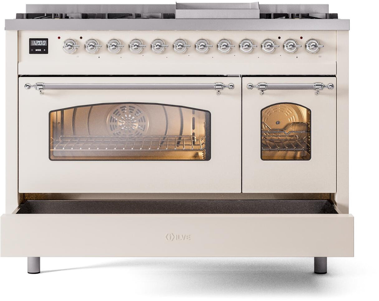 Nostalgie II 48 Inch Dual Fuel Liquid Propane Freestanding Range in Antique White with Chrome Trim