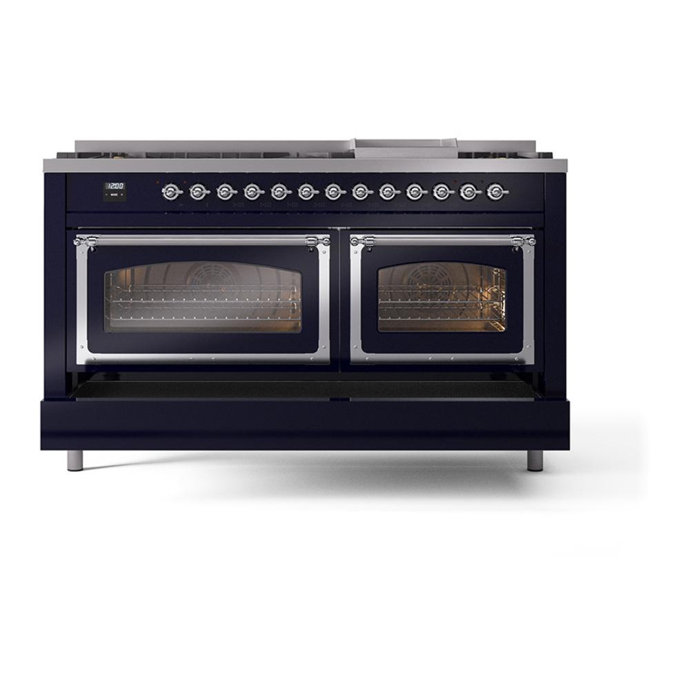 ILVE UN60FNMPMBC Nostalgie II Noblesse 60 inch Dual Fuel Range (9 Sealed Burners + Griddle, Natural Gas, Triple Glass Door, Midnight Blue, Chrome)