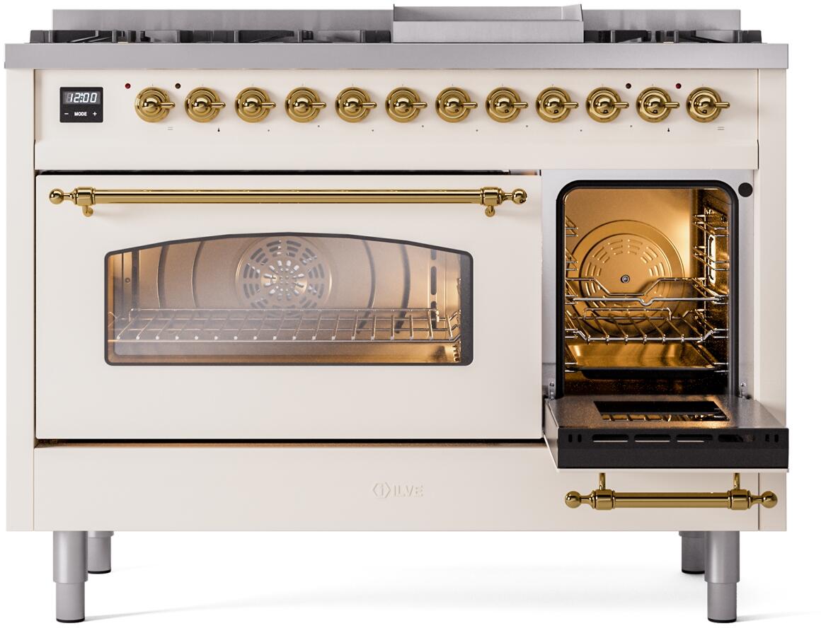Nostalgie II 48 Inch Dual Fuel Natural Gas Freestanding Range in Antique White with Brass Trim