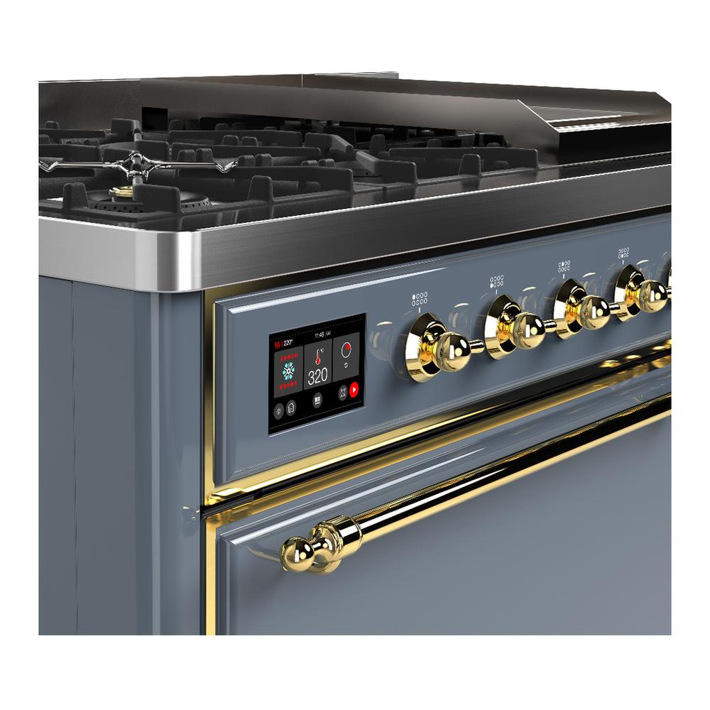 ILVE UM48FQNR3BGG Majestic III 48 inch Dual Fuel Range with 8 Burners and Griddle, Dual Function Burner up to 25,000 BTU (Natural Gas, Solid Door, Blue Grey, Brass)