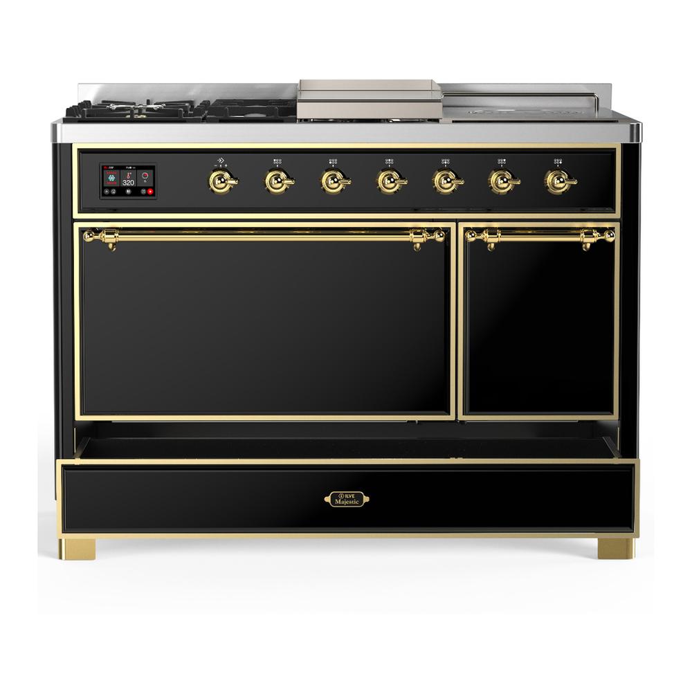 ILVE UM48FSQNR3BKGLP Majestic III 48 inch Dual Fuel Range with 5 Black Brass Burners, Griddle and French Top, Dual Function Burner up to 25,000 BTU (Liquid Propane, Solid Door, Glossy Black, Brass)