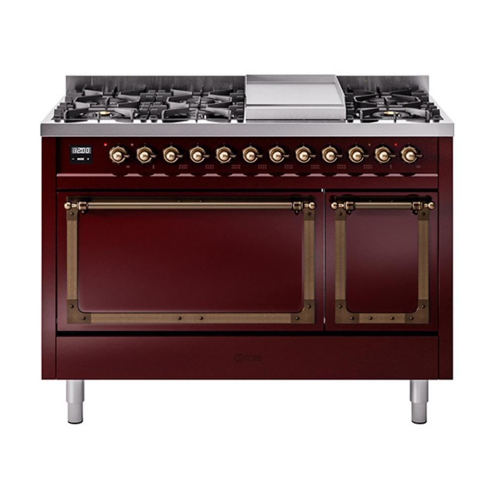 ILVE UN48FQNMPBUBLP Nostalgie II Noblesse 48 inch Dual Fuel Range (8 Sealed Burners + Griddle, Liquid Propane, Solid Door, Burgundy, Burnished)