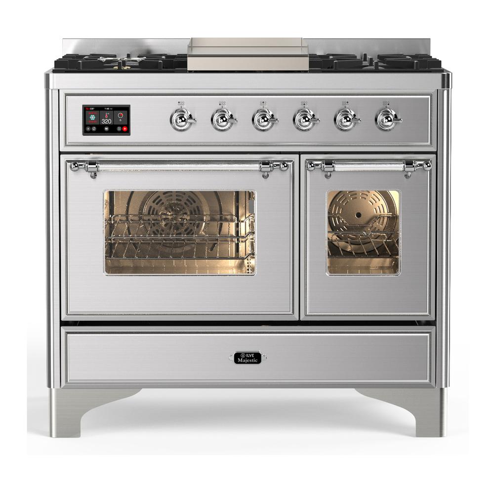 ILVE UMD40FNR3SSC Majestic III 40 inch Dual Fuel Range with 6 Burners and Griddle, Dual Function Burner up to 25,000 BTU (Natural Gas, Triple Glass Door, Stainless Steel, Chrome)