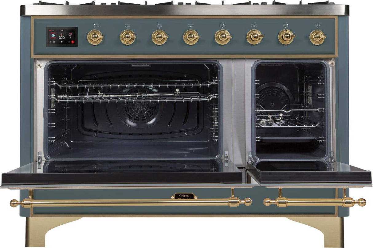 Majestic II 48 Inch Dual Fuel Natural Gas Freestanding Range in Blue Grey with Brass Trim