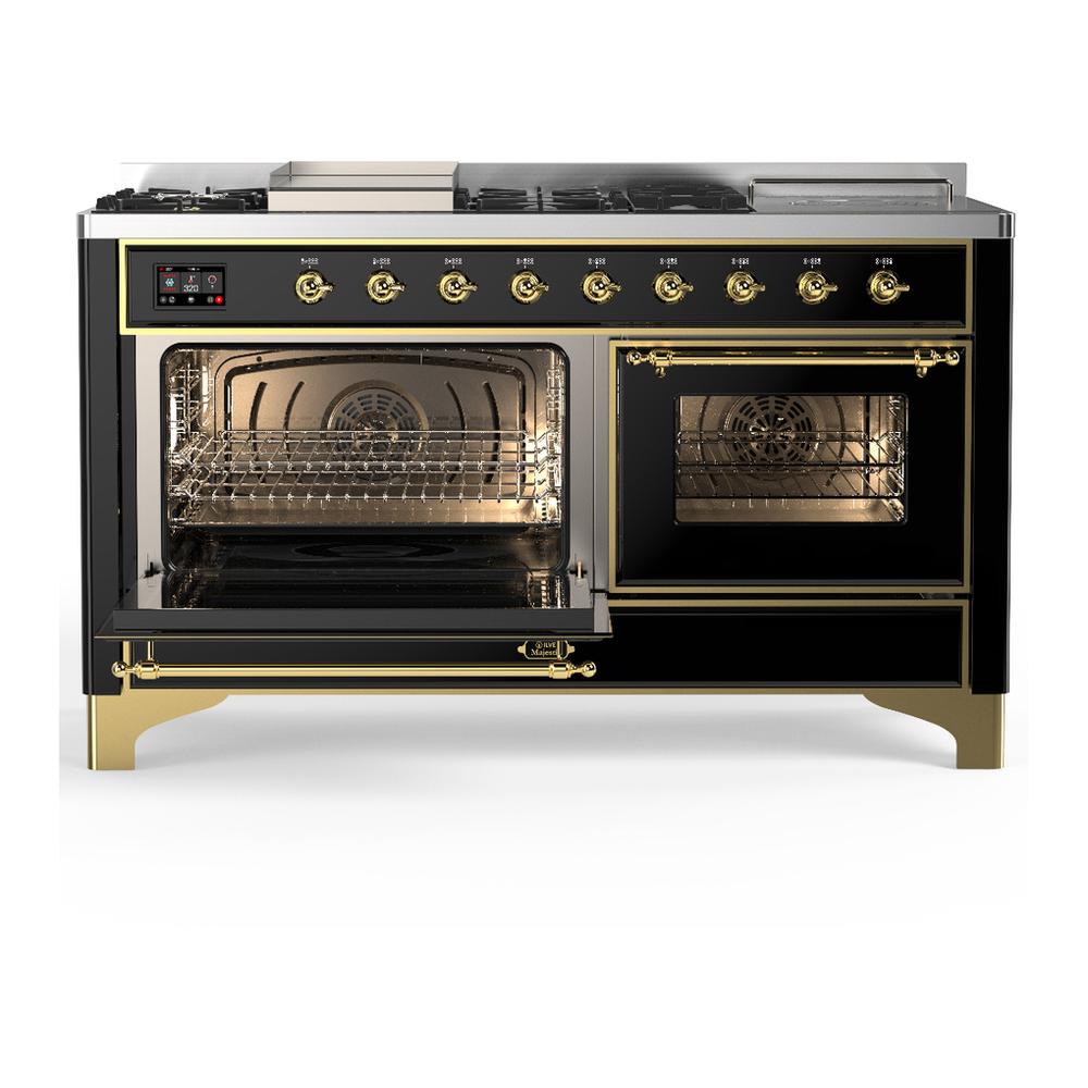 ILVE UM60FSNR3BKG Majestic III 60 inch Dual Fuel Range with 7 Burners, Griddle and French Top, Dual Function Burner with up to 25,000 BTU (Natural Gas, Triple Glass Door, Glossy Black, Brass)