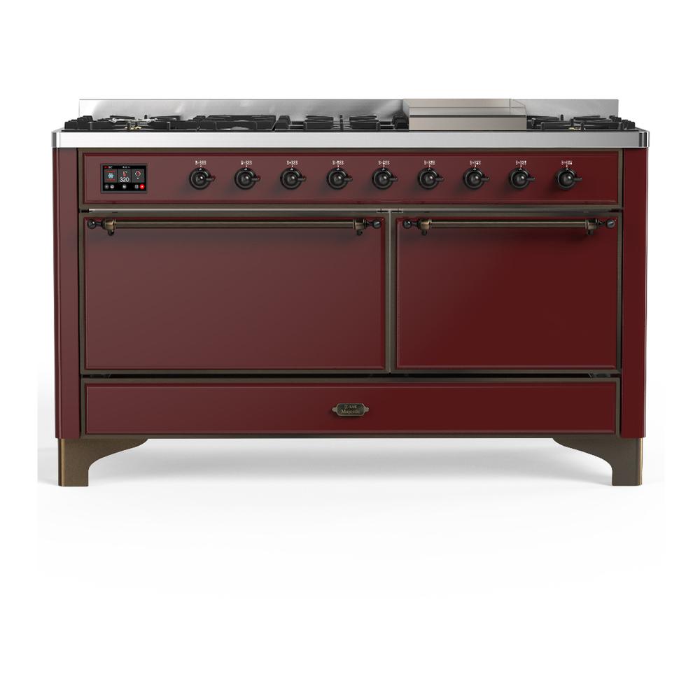 ILVE UM60FQNR3BUBLP Majestic III 60 inch Dual Fuel Range with 9 Burners and Griddle, Dual Function Burner up to 25,000 BTU (Liquid Propane, Solid Door, Burgundy, Burnished)