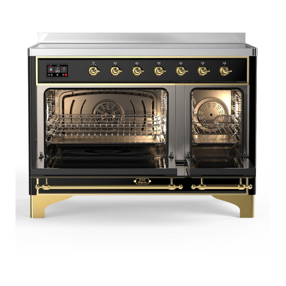 ILVE UMIB48QNR3BKG Majestic III 48 inch Induction Range with 6 Elements, 5.02 cu. ft. Total Oven Capacity (Solid Door, Glossy Black, Brass)