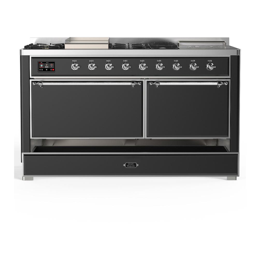 ILVE UM60FSQNR3MGCLP Majestic III 60 inch Dual Fuel Range with 7 Burners, Griddle and French Top, Dual Function Burner with up to 25,000 BTU (Liquid Propane, Solid Door, Graphite Matte, Chrome)