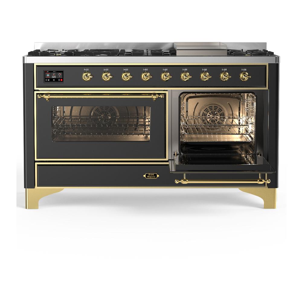 ILVE UM60FNR3MGG Majestic III 60 inch Dual Fuel Range with 9 Burners and Griddle, Dual Function Burner up to 25,000 BTU (Natural Gas, Triple Glass Door, Graphite Matte, Brass)