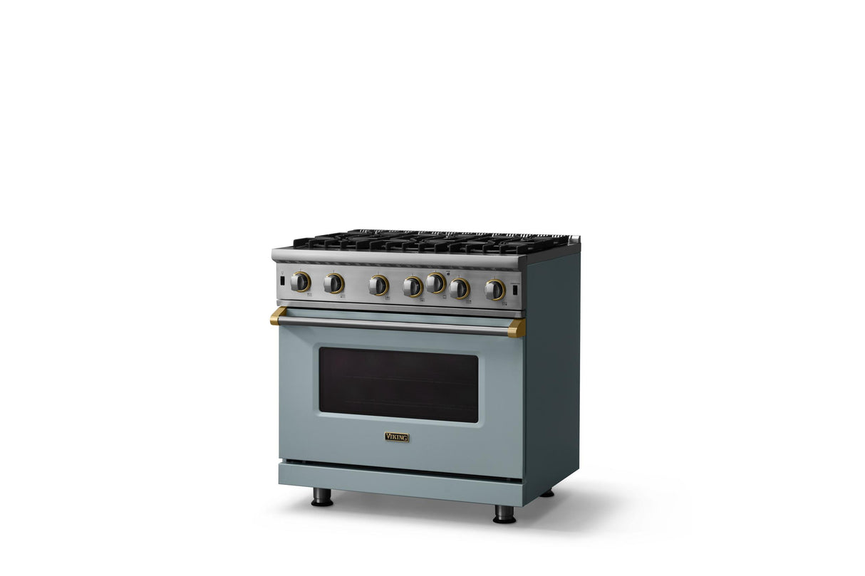 36"W. Open Burner Gas Range (Finish: November Sky, Trim: Brushed Brass, Fuel: Propane)