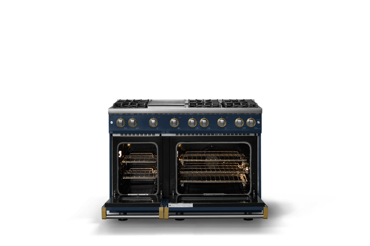 48"W. Sealed Burner Gas Range (Burner: 6g, Finish: Slate Blue, Trim: Brushed Brass, Fuel: Propane)