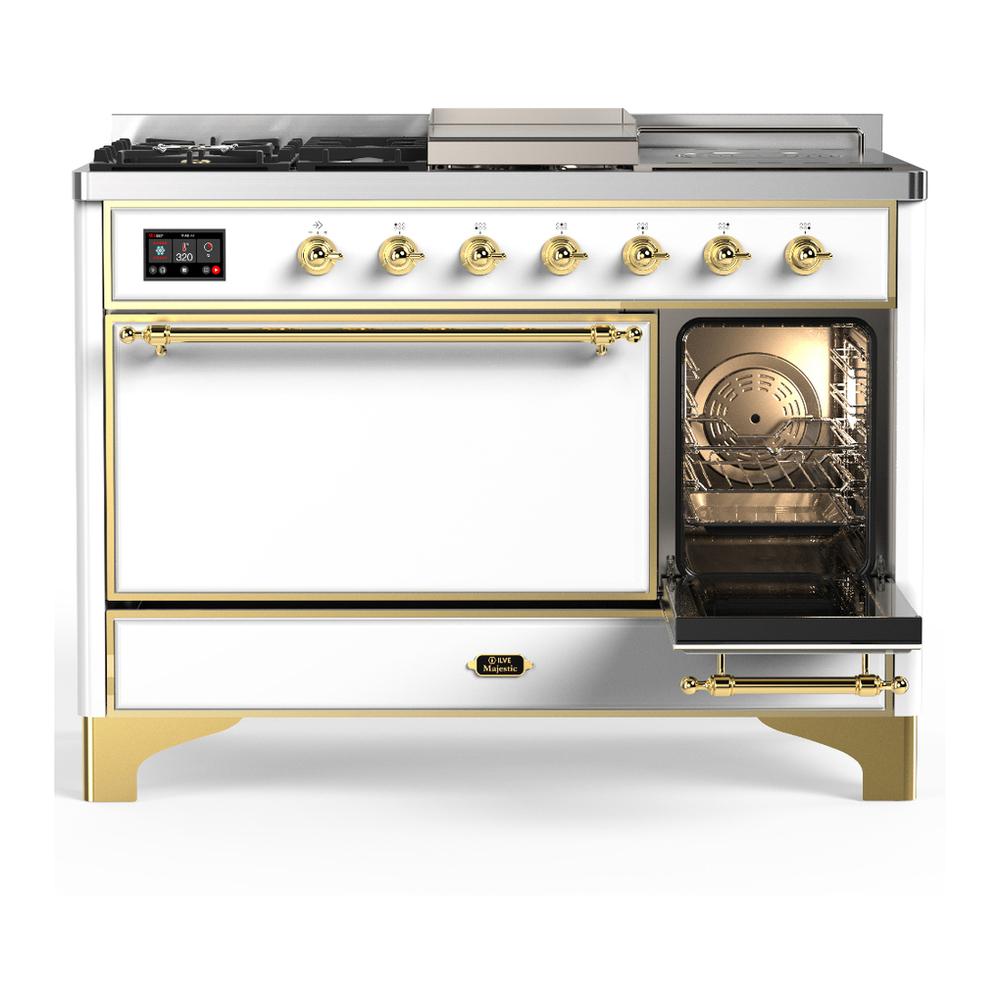 ILVE UM48FSQNR3WHGLP Majestic III 48 inch Dual Fuel Range with 5 Black Brass Burners, Griddle and French Top, Dual Function Burner up to 25,000 BTU (Liquid Propane, Solid Door, White, Brass)