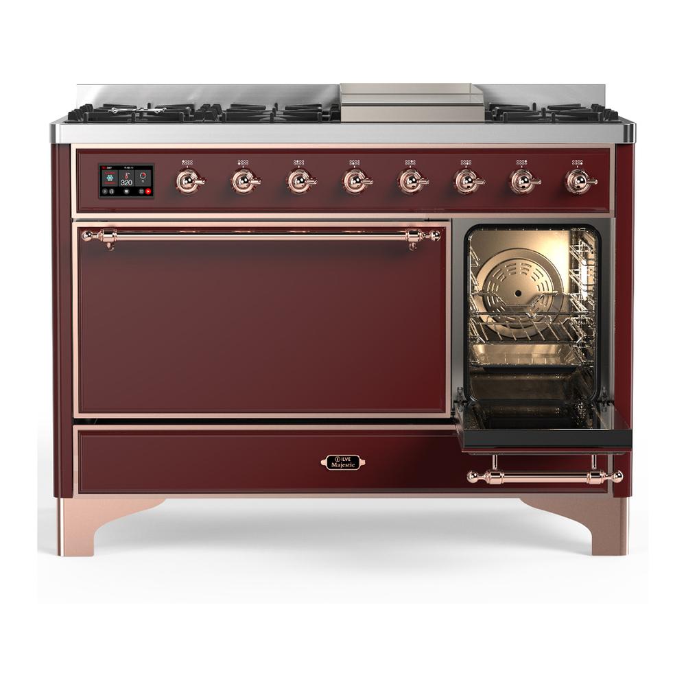 ILVE UM48FQNR3BUP Majestic III 48 inch Dual Fuel Range with 8 Burners and Griddle, Dual Function Burner up to 25,000 BTU (Natural Gas, Solid Door, Burgundy, Copper)