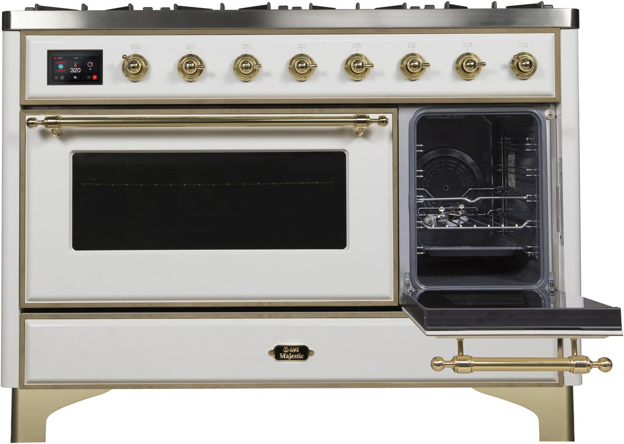 Majestic II 48 Inch Dual Fuel Liquid Propane Freestanding Range in White with Brass Trim