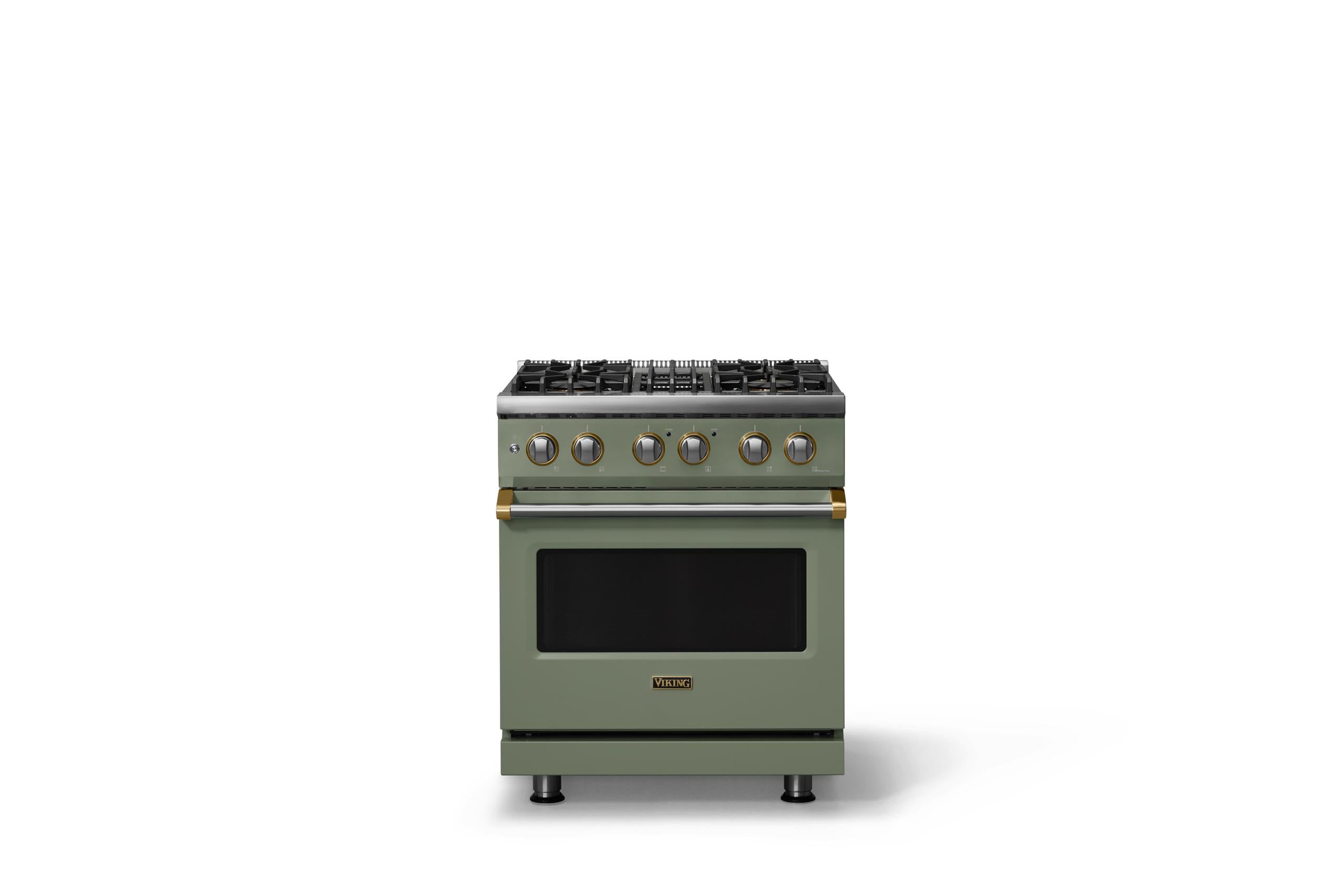 30"W. Dual Fuel Range (Finish: Eucalyptus, Trim: Brushed Brass, Fuel: Propane)