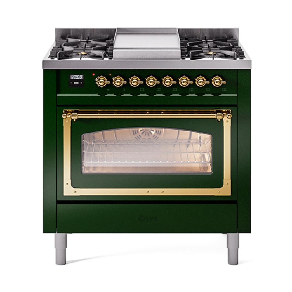 ILVE UN36FNMPEGGLP Nostalgie II Noblesse 36 inch Dual Fuel Range (Liquid Propane, Triple Glass Door, Emerald Green, Brass)