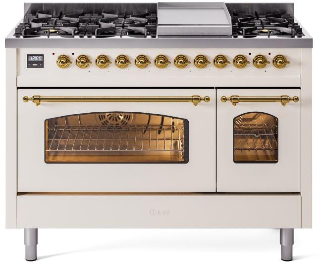 Nostalgie II 48 Inch Dual Fuel Liquid Propane Freestanding Range in Antique White with Brass Trim