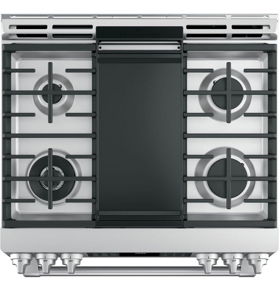 GE Cafe™ Series 30" Slide-In Front Control Dual-Fuel Range with Warming Drawer