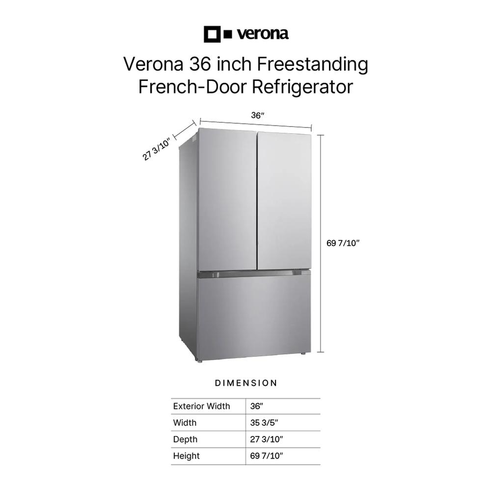 Verona VEBFD3620WIFS 36 inch French Door Counter-Depth Refrigerator with 20.2 cu. ft. Total Capacity, Internal Water Dispenser, Automatic Ice Maker in Stainless Steel