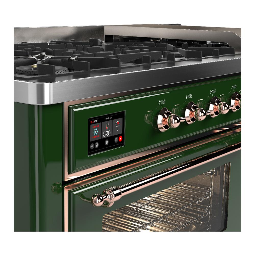 ILVE UM60FNR3EGPLP Majestic III 60 inch Dual Fuel Range with 9 Burners and Griddle, Dual Function Burner up to 25,000 BTU (Liquid Propane, Triple Glass Door, Emerald Green, Copper)