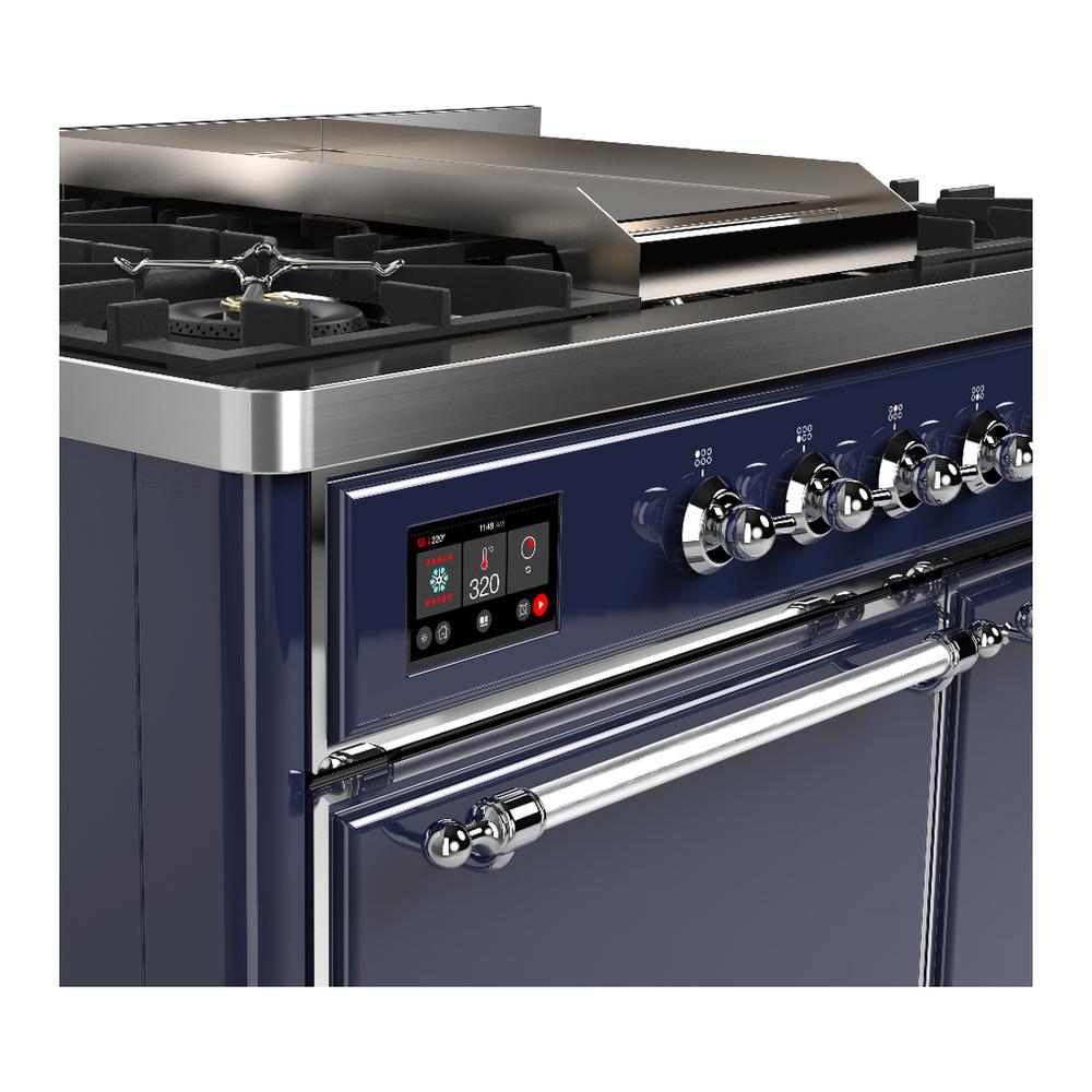 ILVE UMD40FQNR3MBCLP Majestic III 40 inch Dual Fuel Range with 6 Burners and Griddle, Dual Function Burner up to 25,000 BTU (Liquid Propane, Solid Door, Midnight Blue, Chrome)