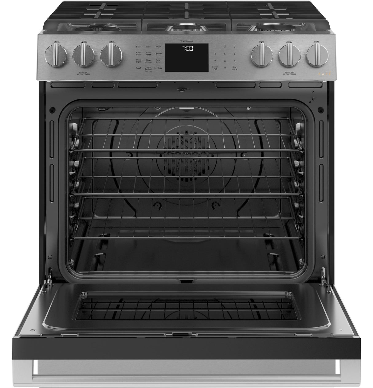 Café™ 30" Smart Slide-In, Front-Control, Gas Range with Convection Oven in Platinum Glass