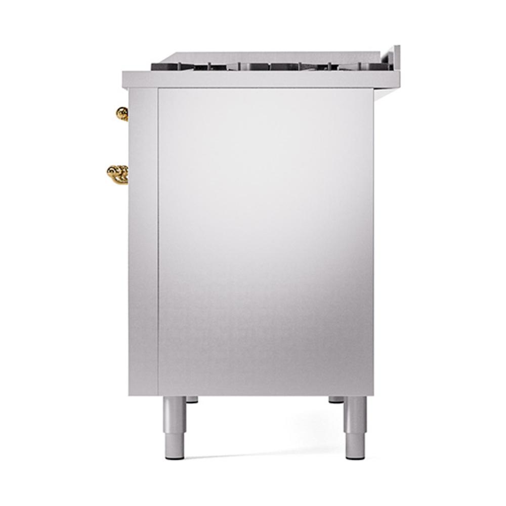 ILVE UN48FQNMPSSG Nostalgie II Noblesse 48 inch Dual Fuel Range (8 Sealed Burners + Griddle, Natural Gas, Solid Door, Stainless Steel, Brass)