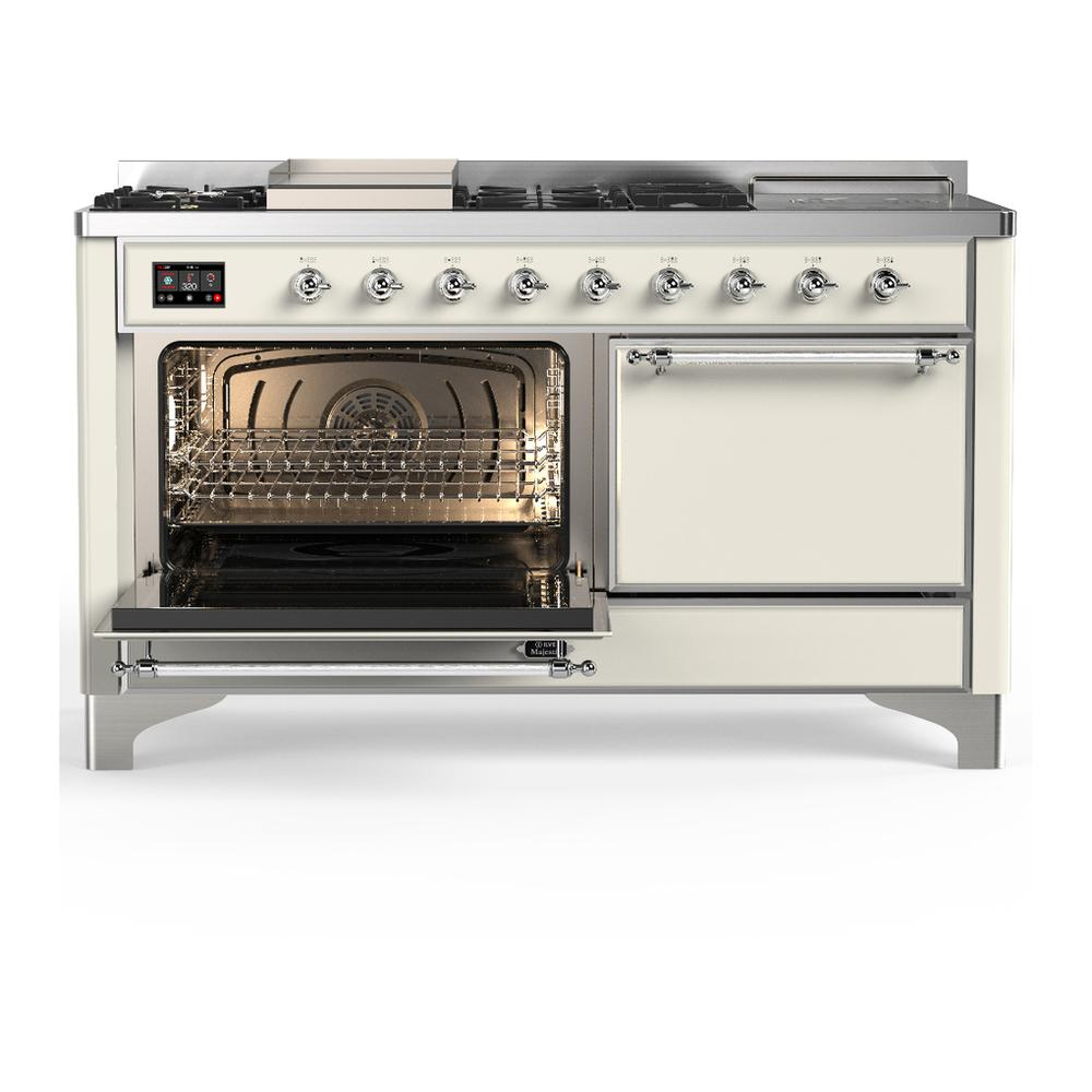 ILVE UM60FSQNR3AWC Majestic III 60 inch Dual Fuel Range with 7 Burners, Griddle and French Top, Dual Function Burner with up to 25,000 BTU (Natural Gas, Solid Door, Antique White, Chrome)