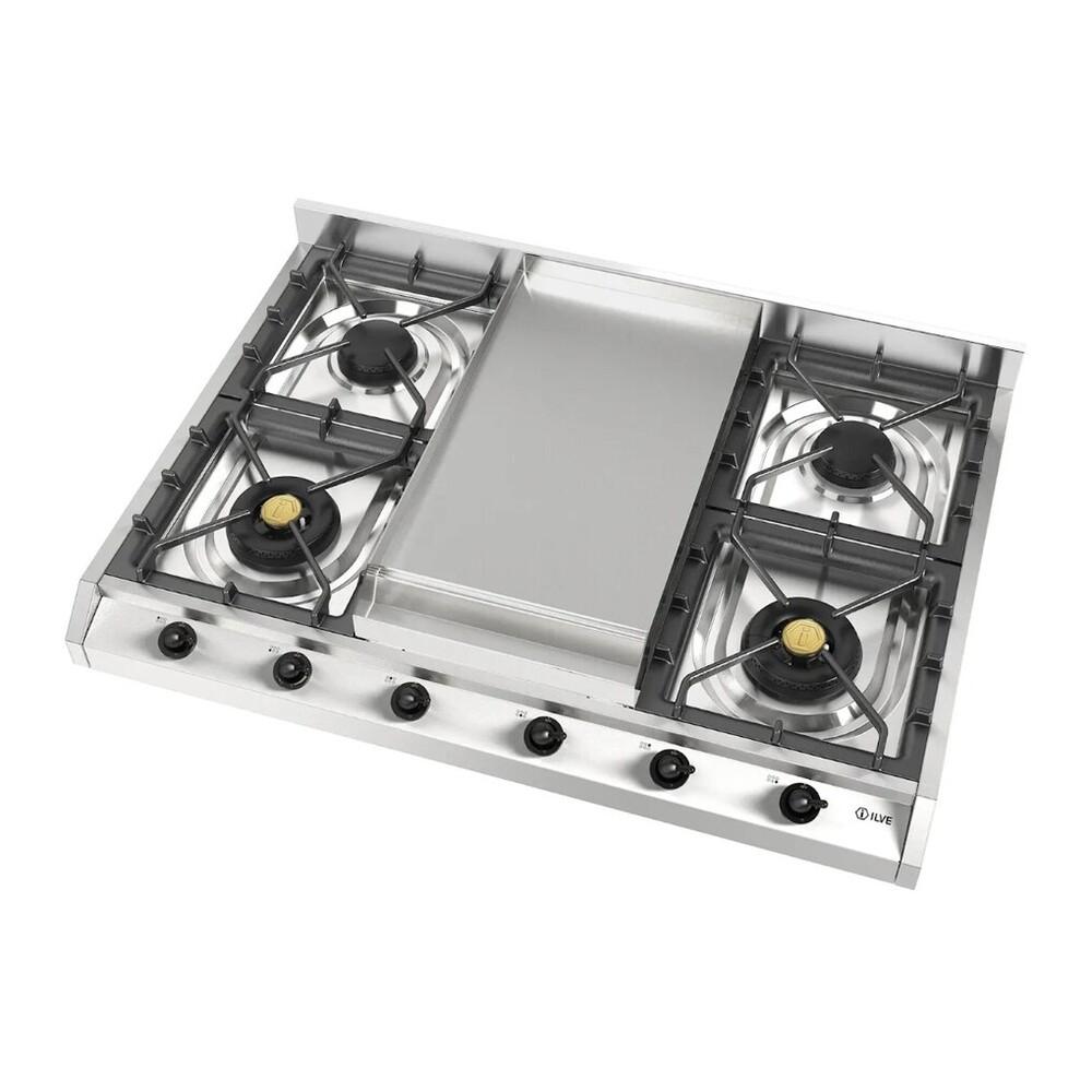 ILVE UHCP965FNSSB Nostalgie II 36 inch Built-In Gas Cooktop with Griddle, in Stainless Steel (Natural Gas, Burnished)