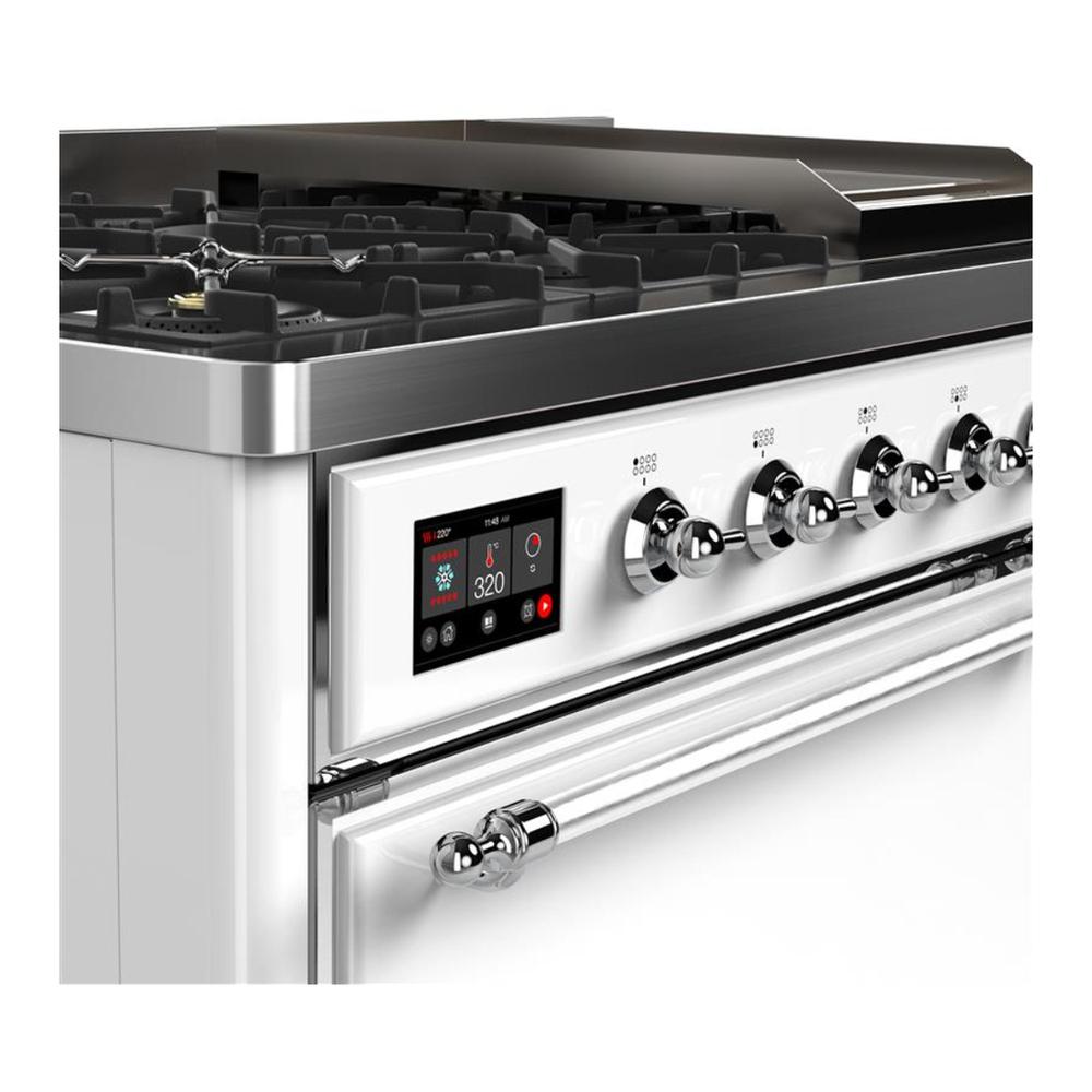 ILVE UM48FQNR3WHC Majestic III 48 inch Dual Fuel Range with 8 Burners and Griddle, Dual Function Burner up to 25,000 BTU (Natural Gas, Solid Door, White, Chrome)