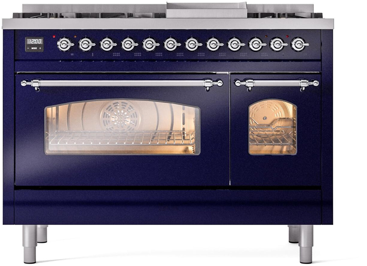Nostalgie II 48 Inch Dual Fuel Natural Gas Freestanding Range in Blue with Chrome Trim