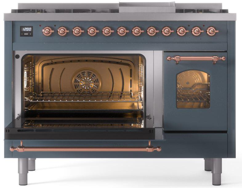 Nostalgie II 48 Inch Dual Fuel Natural Gas Freestanding Range in Blue Grey with Copper Trim