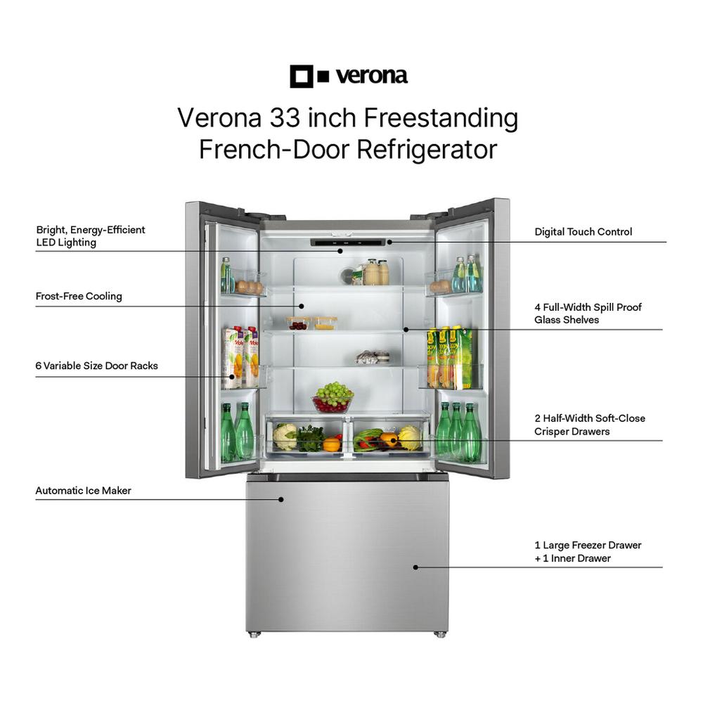 Verona VEFFD3316RISL 33 inch Freestanding French Door Refrigerator with 16.5 cu. ft. Capacity, Automatic Ice Maker, Recessed Handle