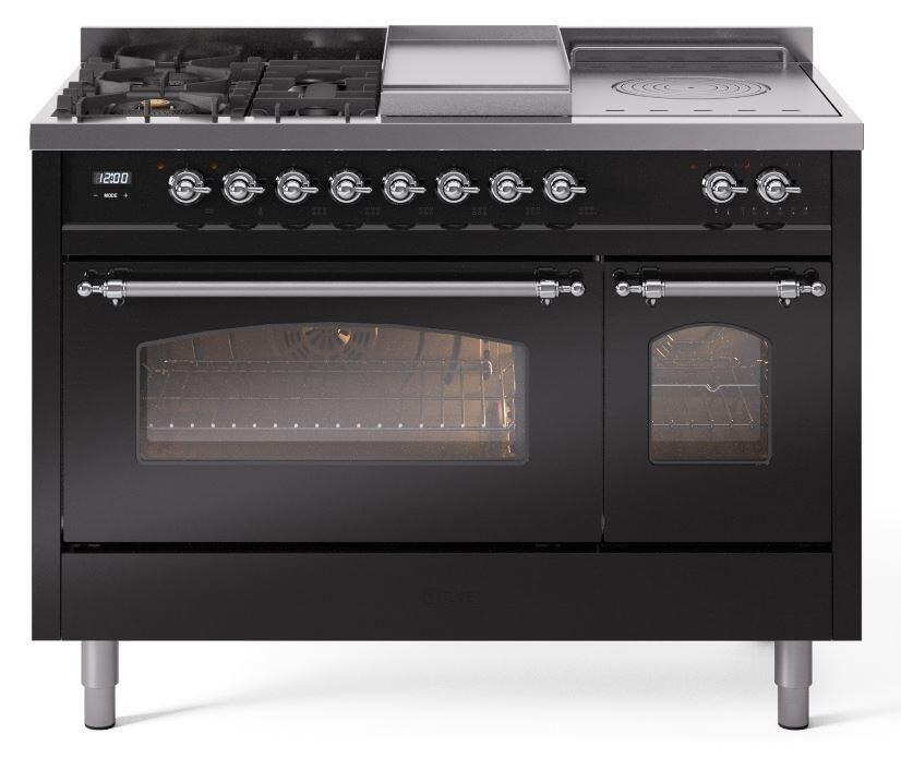 Nostalgie II 48 Inch Dual Fuel Liquid Propane Freestanding Range in Glossy Black with Chrome Trim