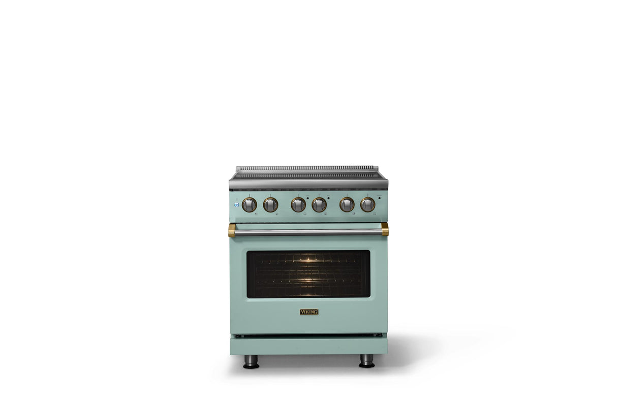 30"W. Electric Range (Finish: Splash, Trim: Brushed Brass)