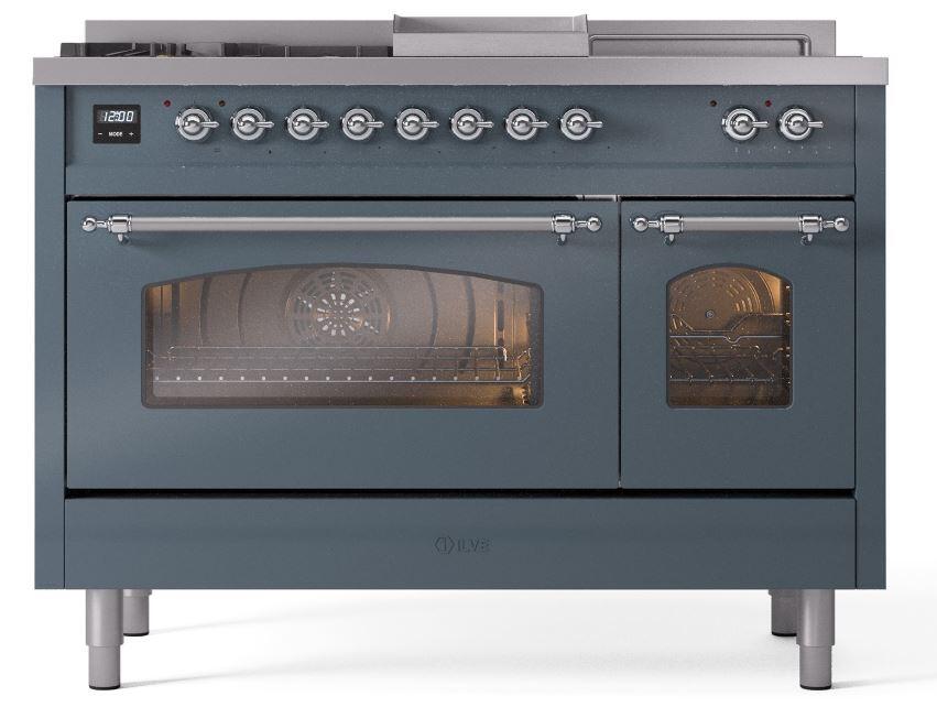 Nostalgie II 48 Inch Dual Fuel Liquid Propane Freestanding Range in Blue Grey with Chrome Trim