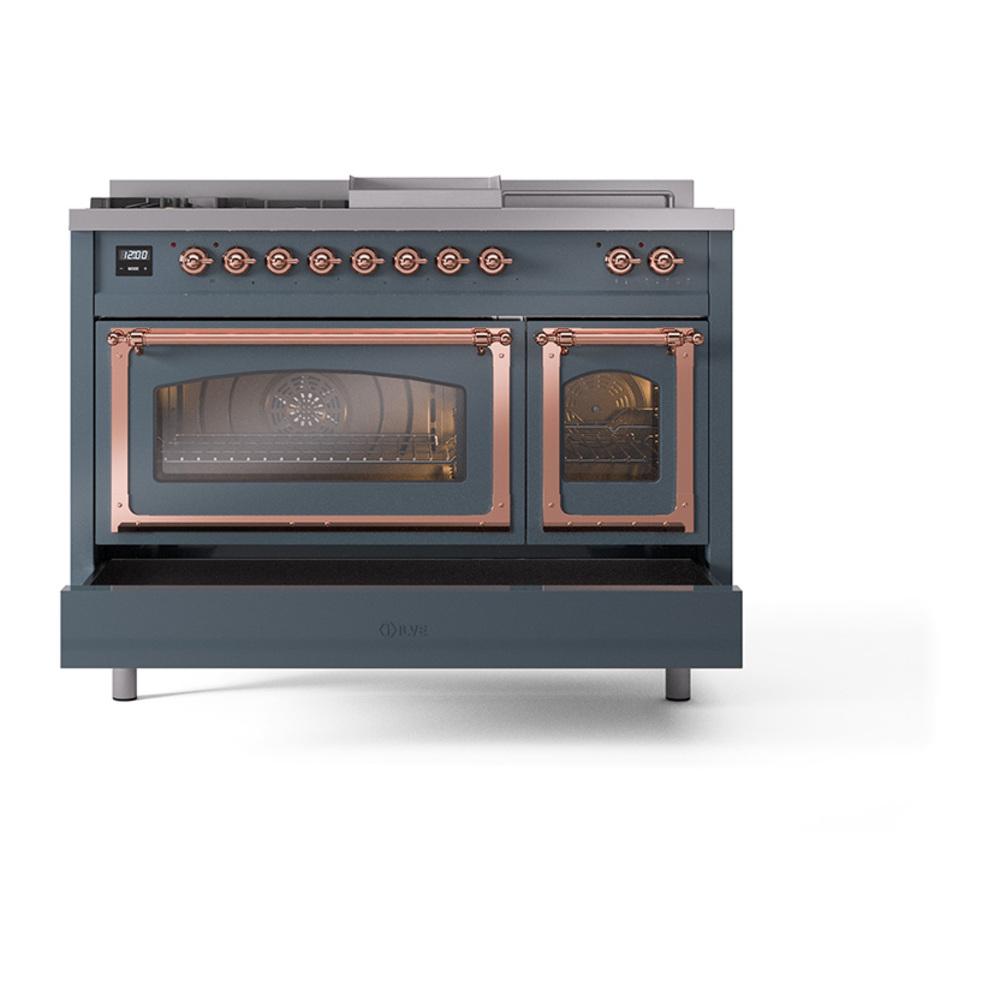 ILVE UN48FSNMPBGP Nostalgie II Noblesse 48 inch Dual Fuel Range (5 Sealed Burners + Griddle + French Top, Natural Gas, Triple Glass Door, Blue Grey, Copper)