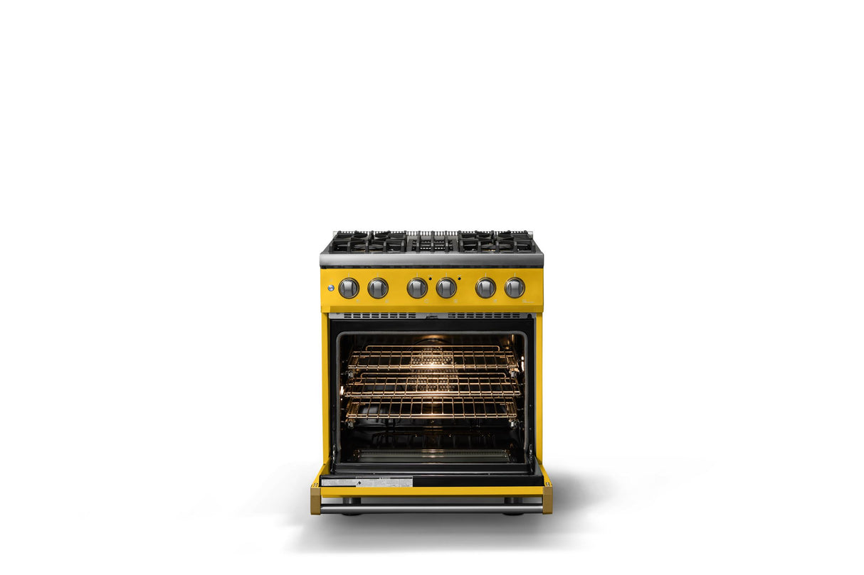 30"W. Dual Fuel Range (Finish: Daffodil, Trim: Brushed Brass, Fuel: Propane)