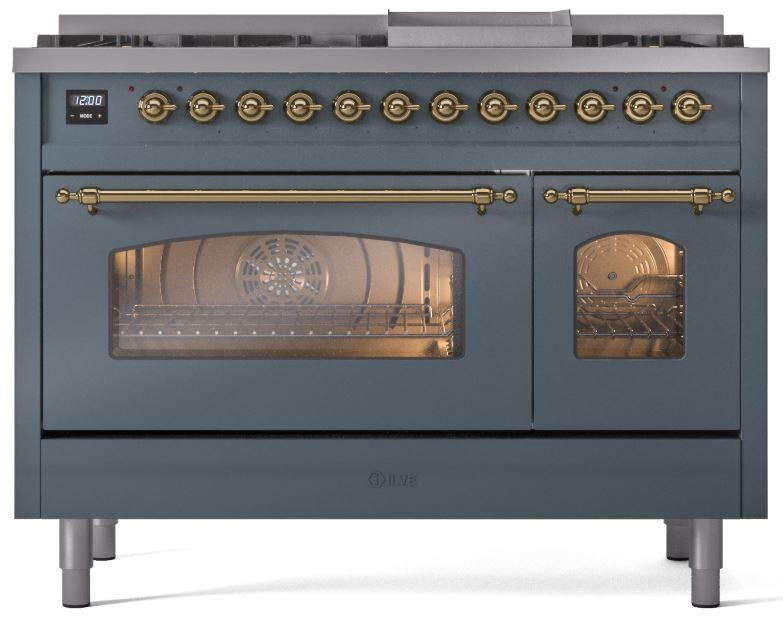 Nostalgie II 48 Inch Dual Fuel Liquid Propane Freestanding Range in Blue Grey with Brass Trim
