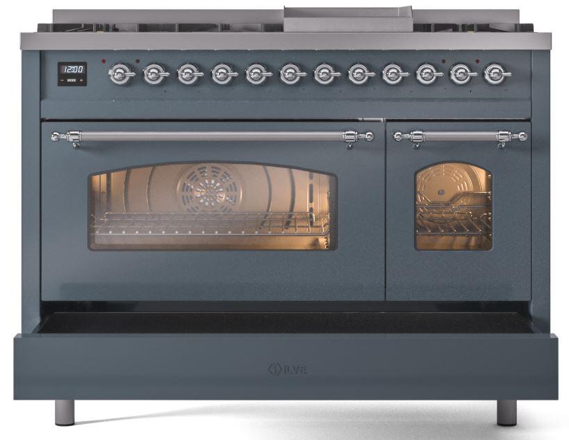 Nostalgie II 48 Inch Dual Fuel Liquid Propane Freestanding Range in Blue Grey with Chrome Trim