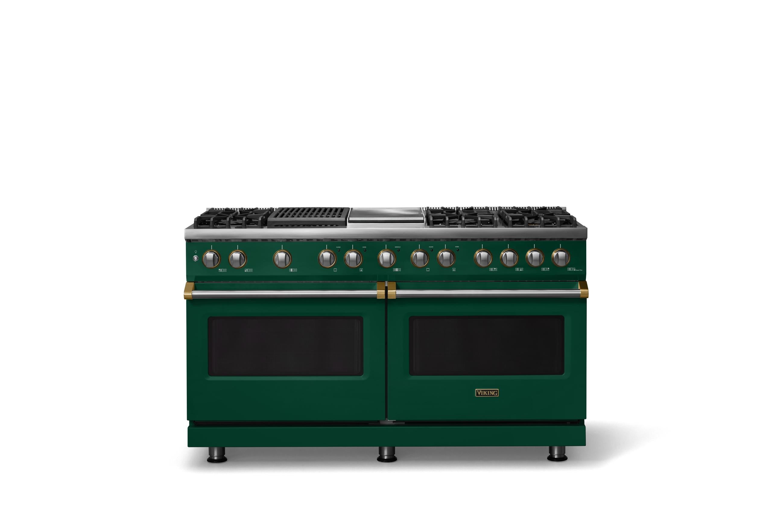 60"W.Dual Fuel Range (Finish: Ivy, Trim: Brushed Brass, Fuel: Natural Gas)