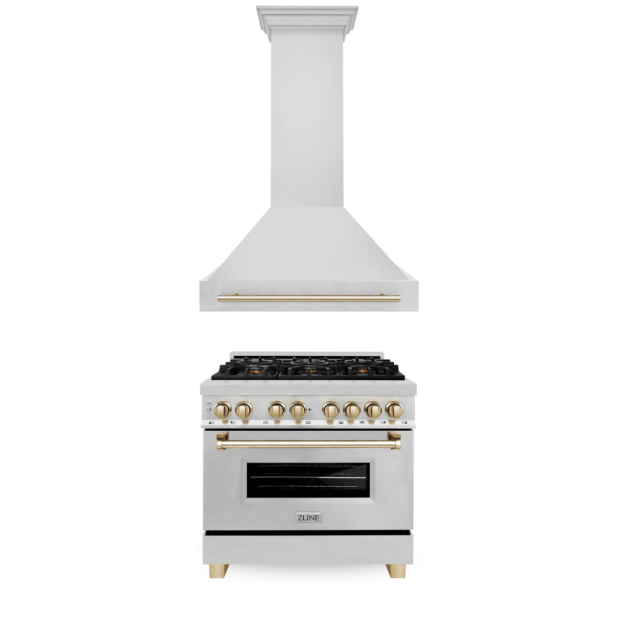 ZLINE 36" Autograph Edition Kitchen Package with Stainless Steel Dual Fuel Range and Range Hood with Polished Gold Accents (2AKP-RARH36-G)