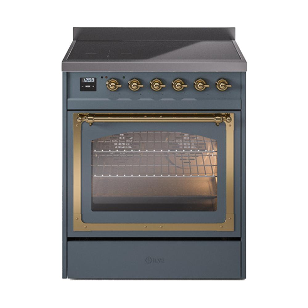 ILVE UNI304NMPBGG Nostalgie II Noblesse 30 inch Induction Range (Triple Glass Door, Blue Grey, Brass)