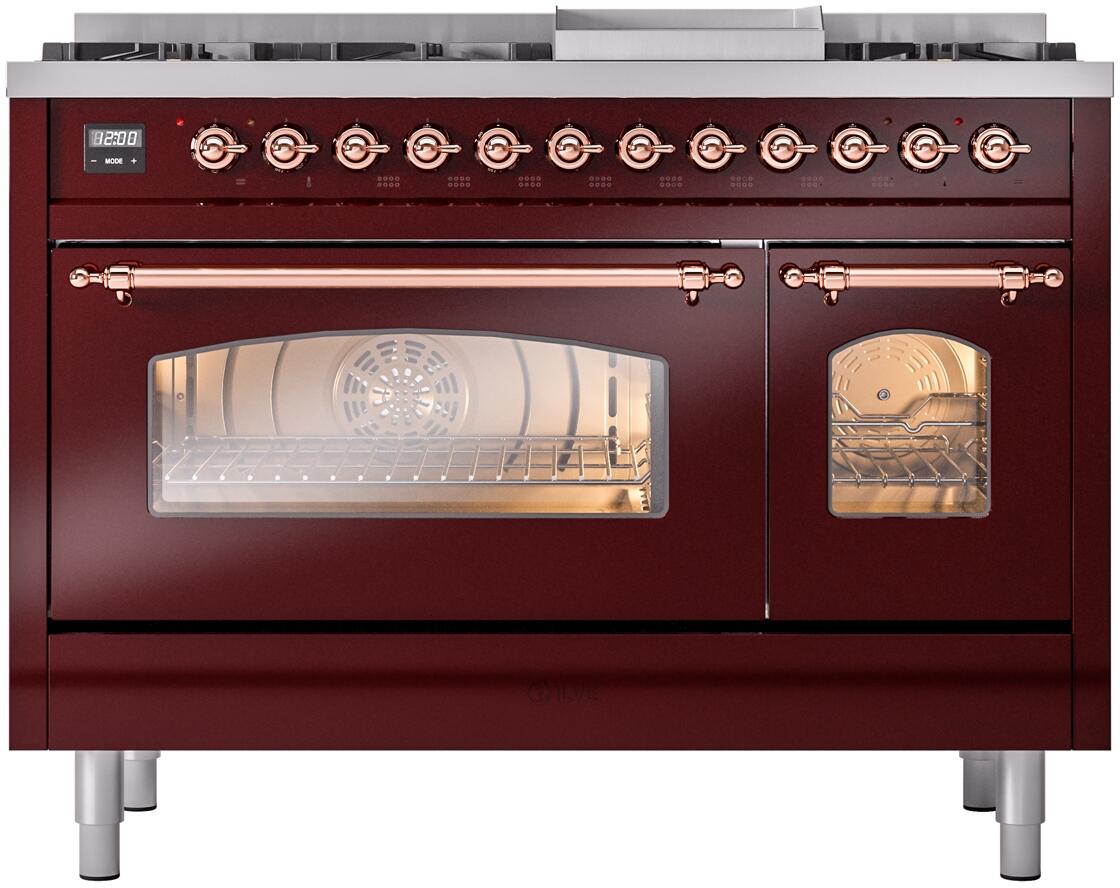 Nostalgie II 48 Inch Dual Fuel Liquid Propane Freestanding Range in Burgundy with Copper Trim