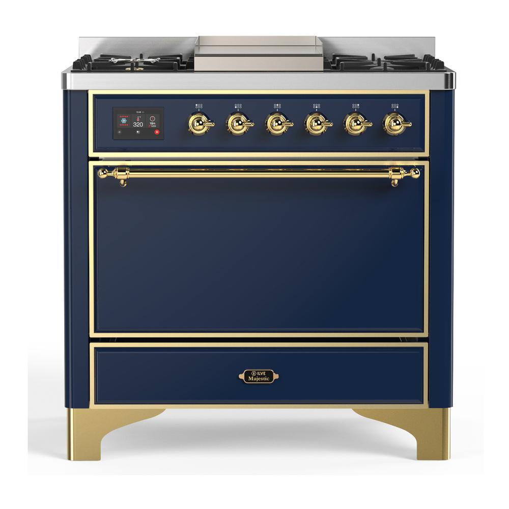 ILVE UM36FQNR3MBG Majestic III 36 inch Dual Fuel Range with 6 Black Brass Burners and Griddle, Dual Function Burner up to 25,000 BTU (Solid Door, Midnight Blue, Brass, Natural Gas)