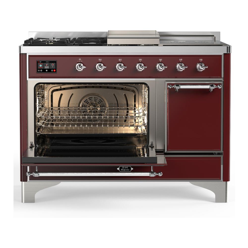 ILVE UM48FSQNR3BUC Majestic III 48 inch Dual Fuel Range with 5 Black Brass Burners, Griddle and French Top, Dual Function Burner up to 25,000 BTU (Natural Gas, Solid Door, Burgundy, Chrome)