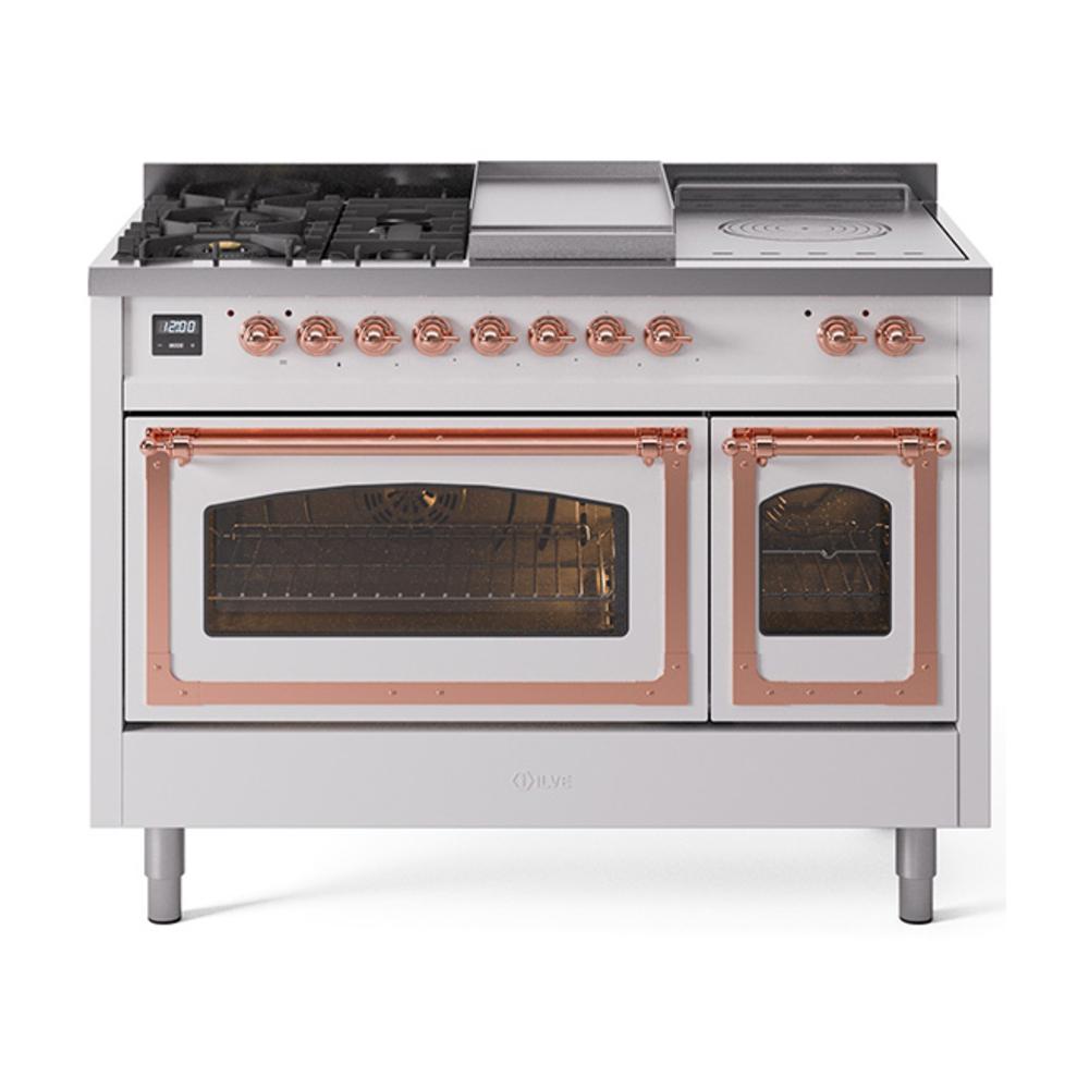 ILVE UN48FSNMPWHP Nostalgie II Noblesse 48 inch Dual Fuel Range (5 Sealed Burners + Griddle + French Top, Natural Gas, Triple Glass Door, White, Copper)