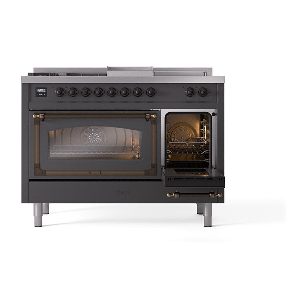 ILVE UN48FSNMPMGB Nostalgie II Noblesse 48 inch Dual Fuel Range (5 Sealed Burners + Griddle + French Top, Natural Gas, Triple Glass Door, Graphite Matte, Burnished)