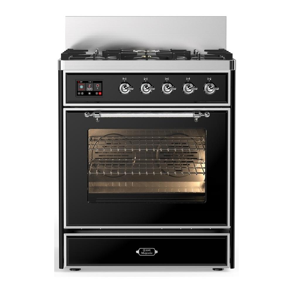 ILVE UM30NR3BKCLP Majestic III 30 inch Dual Fuel Range with 5 Black Brass Burners, Dual Function Burner up to 25,000 BTU (Liquid Propane, Triple Glass Door, Glossy Black, Chrome)