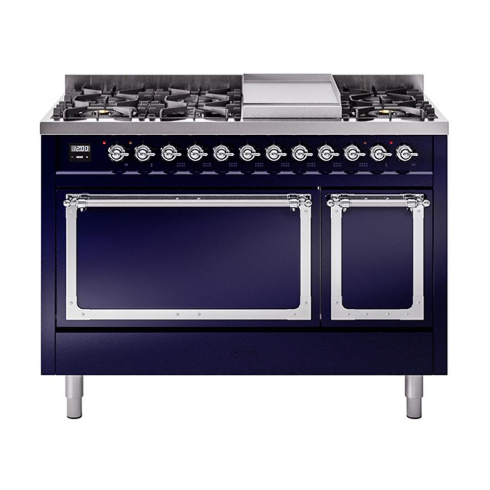 ILVE UN48FQNMPMBC Nostalgie II Noblesse 48 inch Dual Fuel Range (8 Sealed Burners + Griddle, Natural Gas, Solid Door, Midnight Blue, Chrome)